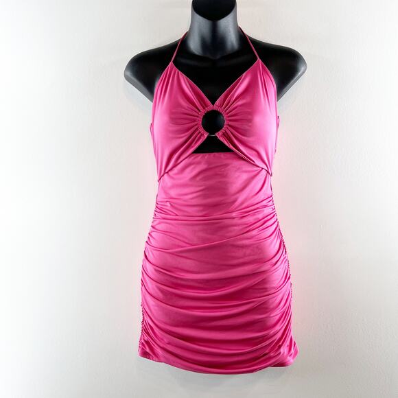 Lucy In The Sky Ruched Halter Key Ring Cutout Bodycon Mini Dress Pink Small - Picture 1 of 10